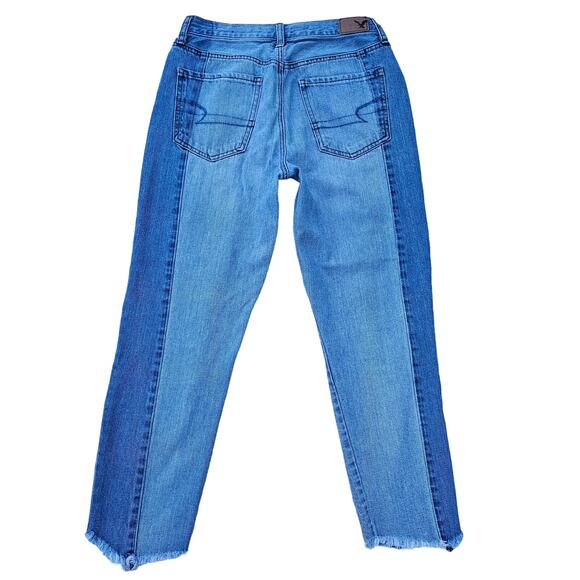 Two Tone Stretch Denim Jeans American Eagle Sz 6 Vintage Hi-Rise Crop Button Fly - Picture 10 of 10